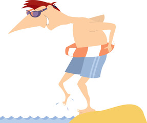 Beach. Man with lifebuoy standing near the water.
Cartoon swimmer man with lifebuoy stands on the shore and put one leg to the water to measure the temperature
