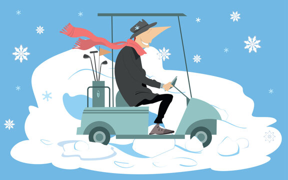 Golfer man rides the golf cart illustration. 
Winter. Snow. Golfer man in the hat and scarf going to play golf in the golf cart. Isolated on white
