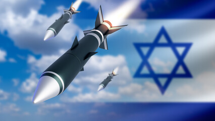 Flying rockets with flag Israel. Military weapons made by Israeli republic. Missiles for air...