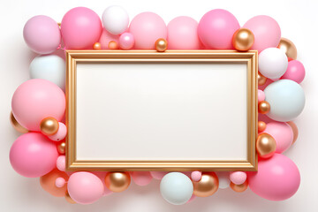 Fototapeta na wymiar Golden Frame with pink balloons for photo or congratulation isolated on white background