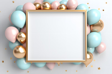 Golden Frame with pink and blue balloons for photo or congratulation isolated on grey background - obrazy, fototapety, plakaty