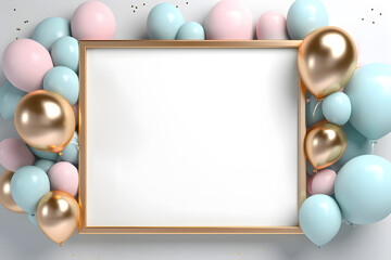 Fototapeta na wymiar Golden Frame with pink and blue balloons for photo or congratulation isolated on grey background