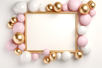 Fototapeta na wymiar Golden Frame with pink balloons for photo or congratulation isolated on white background