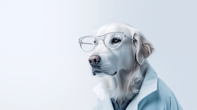 A white Labrador retriever wearing glasses and medical clothes on a white background on the right. Portrait of a dog Labrador retriever wearing a coat and glasses. Closeup portrait of a dog.