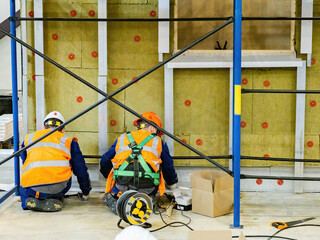 Builders at work. Men install insulation on wall building. Builders near scaffolding. Insulation...