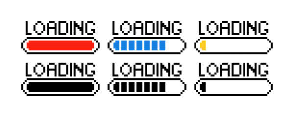 Set of loading sign line icon. Internet speed, downloading, uploading data, connection, file, pixel style. Multicolored icon on white background.