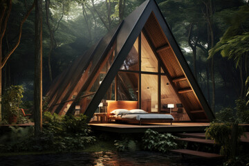 3d rendering of a modern house in the jungle with a wooden roof