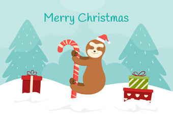 Sloth with candy cane and gift in winter scene, Merry Christmas and New Year