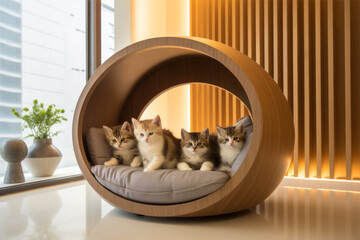 Cute little kittens sitting in a round chair in the room.