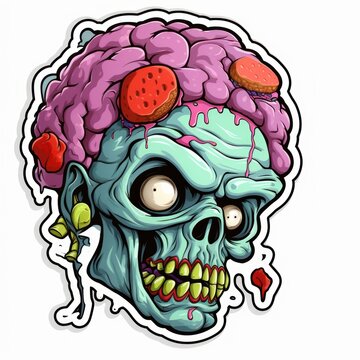 Cartoon zombie head with blood and eyeballs. Zombie Sticker. Sticker. Logotype.