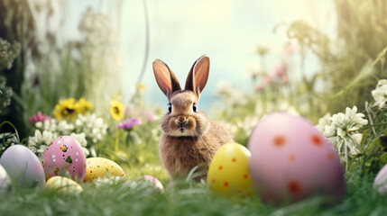 Easter bunny and easter eggs in the meadow with flowers - obrazy, fototapety, plakaty