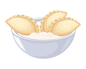 Vareniki in a bowl of sour cream. Ukrainian national cuisine. Food illustration