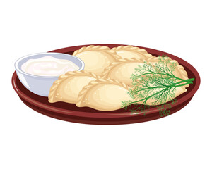 Vareniki with a bowl of sour cream. Ukrainian national cuisine. Food illustration