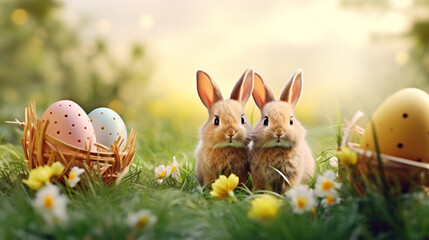 Easter bunnies and easter eggs on green grass.