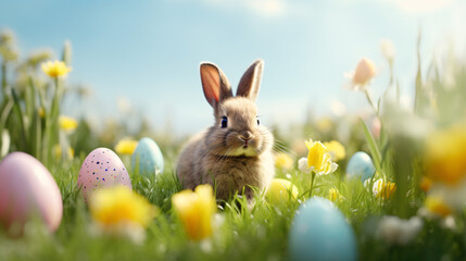 Easter bunny and easter eggs on green grass with flowers. - Powered by Adobe
