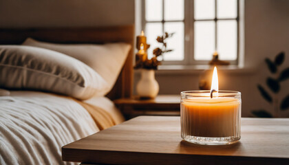 Fototapeta na wymiar Burning candle in bedroom, cozy aesthetics