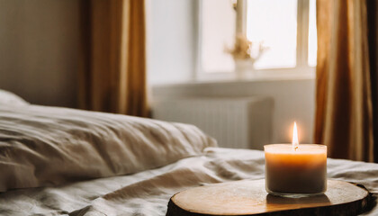 Fototapeta na wymiar Burning candle in bedroom, cozy aesthetics
