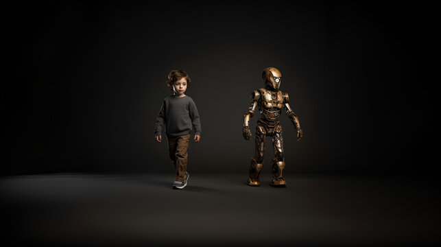 child and robot in black background