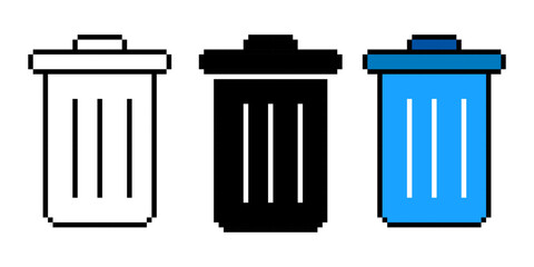Set of trash can line icon. Recycling, landfill, cleaning, container, ecology, cleanliness, dirt, pixel style. Multicolored icon on white background.