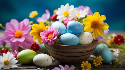 Obraz na płótnie Canvas Easter eggs in a bowl with flowers on a wooden background.