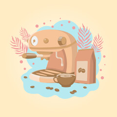 vector cafe coffee bean machine set with cup and coffee bag illustration