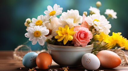 Easter eggs and flowers on a wooden table. Easter background.