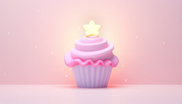 Cute pastel 3D cupcake pink and purple background. Vanilla cupcake with white whipped cream and vanilla biscuit cake in a paper cup. Cute cup-cake decorated with fresh raspberries, isolated on a pink 