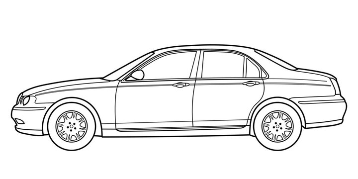 Classic business luxary class sedan car. 4 door car on white background. Side view shot. Outline doodle vector illustration