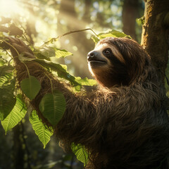 Fototapeta premium A slow-moving sloth hangs from a verdant branch in the Amazon, its camouflage blending seamlessly with the dappled sunlight. 