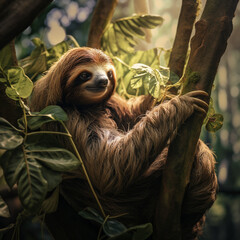 A slow-moving sloth hangs from a verdant branch in the Amazon, its camouflage blending seamlessly with the dappled sunlight. 