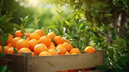 Oranges in a box on the field after harvest. Fruit collection. Seasonal fruits. Citrus