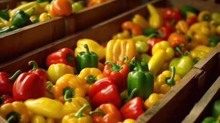 Bell peppers are collected in wooden boxes at the market. Natural organic abundance of fruits. The concept of agriculture, healthy and natural nutrition. banner