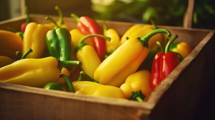 Bell peppers are collected in wooden boxes at the market. Natural organic abundance of fruits. The concept of agriculture, healthy and natural nutrition. banner