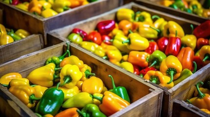 Bell peppers are collected in wooden boxes at the market. Natural organic abundance of fruits. The concept of agriculture, healthy and natural nutrition. banner