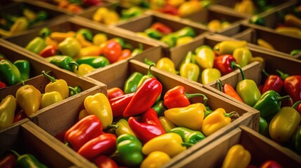 Bell peppers are collected in wooden boxes at the market. Natural organic abundance of fruits. The concept of agriculture, healthy and natural nutrition. banner
