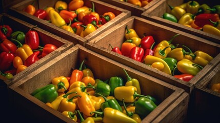 Bell peppers are collected in wooden boxes at the market. Natural organic abundance of fruits. The concept of agriculture, healthy and natural nutrition. banner
