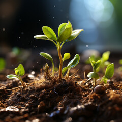 a young plant sprouting from soil with sun light