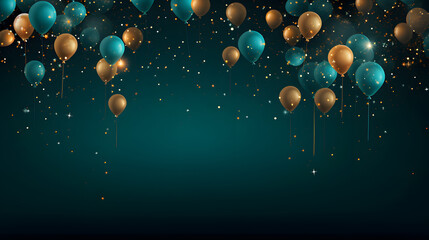 Green and golden balloons with sparkles high detailed dark background. Framework template with balloons for congratulation  - obrazy, fototapety, plakaty