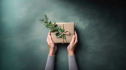 ユーカリを後ろに飾って、植物を使ったナチュラルなラッピングしたプレゼントを手包んでいるアップの写真、背景グレー