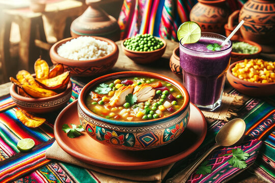 Peruvian Aguadito de Pollo (Chicken and Cilantro Soup). Illustration for banner, food menu background, poster, brochure, cover photo.