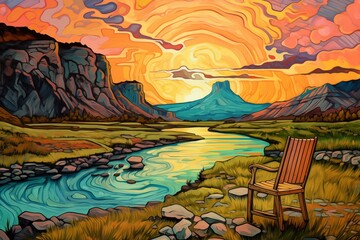 Landscape with mountain lake and chair.