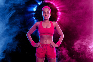 Sporty fit woman, athlete after fitness exercises on black background. Download cover for music collection for fitness classes. Sports recreation. Beautiful black young woman.