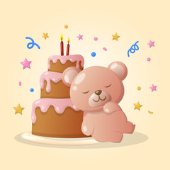 vector cute sleep teddy bear doll with birthday cake and party vibes for baby boy girl illustration