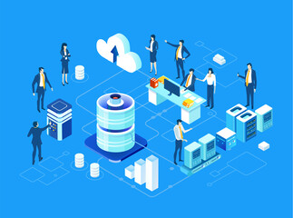 Business people are working together in server room, prospecting data, analysing and cooperating. Isometric business environment. Infographic illustration