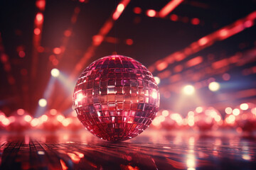 golden, pink disco ball shines and glows. party and celebration in the club. lights and bokeh on the background. - obrazy, fototapety, plakaty