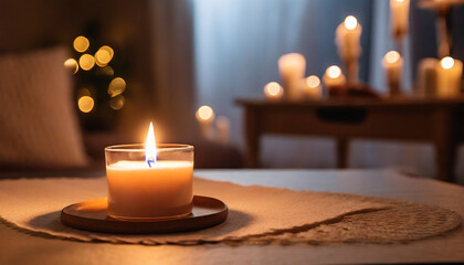Burning candle in home interior, cozy aesthetics at night