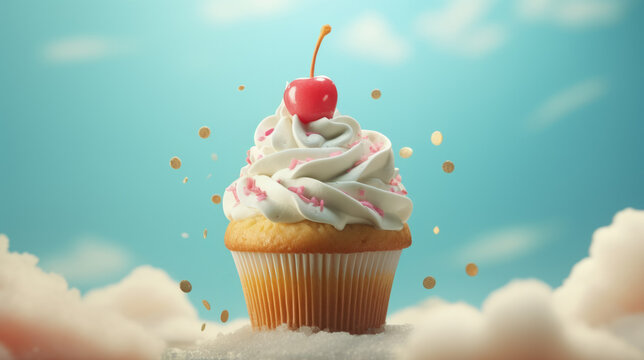 Sweet cupcake decorated cherry berry against fantasy sky background for birthday concept.