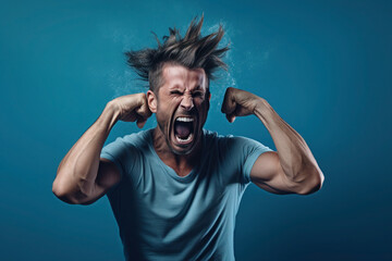 Upset boy, man in blue t shirt screaming and crying with opened mouth and closed eyes against