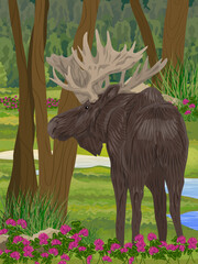 A moose stands in the forest near a stream. Wild forest animals in summer. Realistic vector vertical landscape