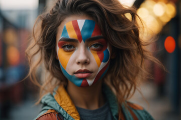 Portrait of the girl with the face painted with different colors. Generative AI.